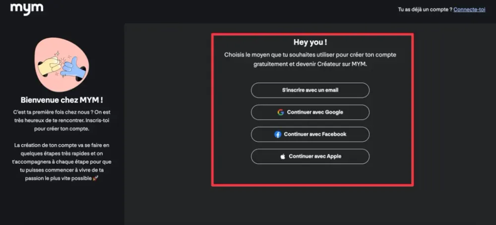 Page de bienvenue MYM avec les moyens d'inscription pour devenir Créateur