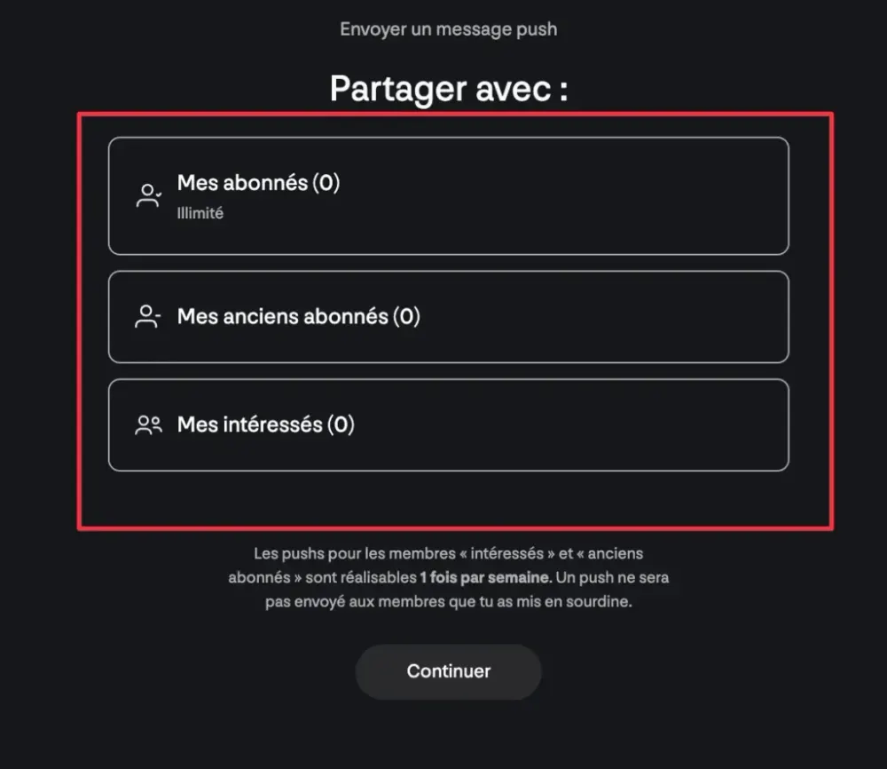 Salaire MYM photos de pieds : écran d'envoi d'un push à ses abonnés